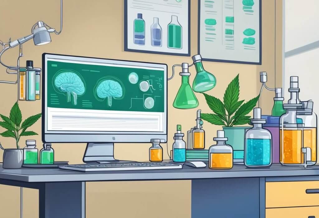 A lab setting with CBD oil bottles, addiction recovery research papers, and brain scans on a computer screen