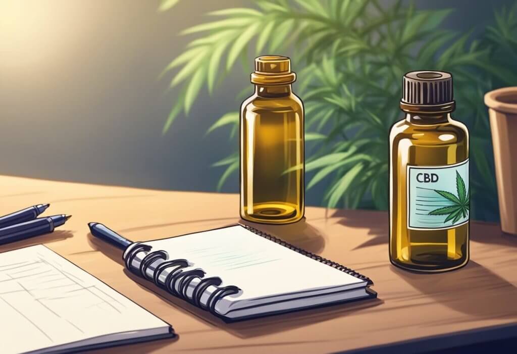 A bottle of CBD oil sits on a desk next to a notebook and pen. A calming, focused atmosphere is suggested through soft lighting and a clutter-free environment