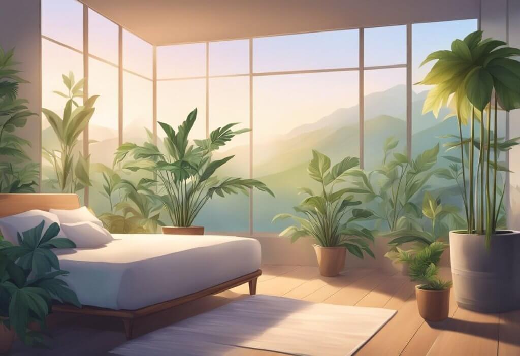 A serene setting with a CBD plant surrounded by calming elements like soft lighting, soothing colors, and peaceful surroundings