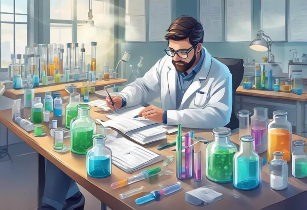 A scientist studies ALS and CBD in a lab setting, with test tubes, equipment, and research papers scattered on the table