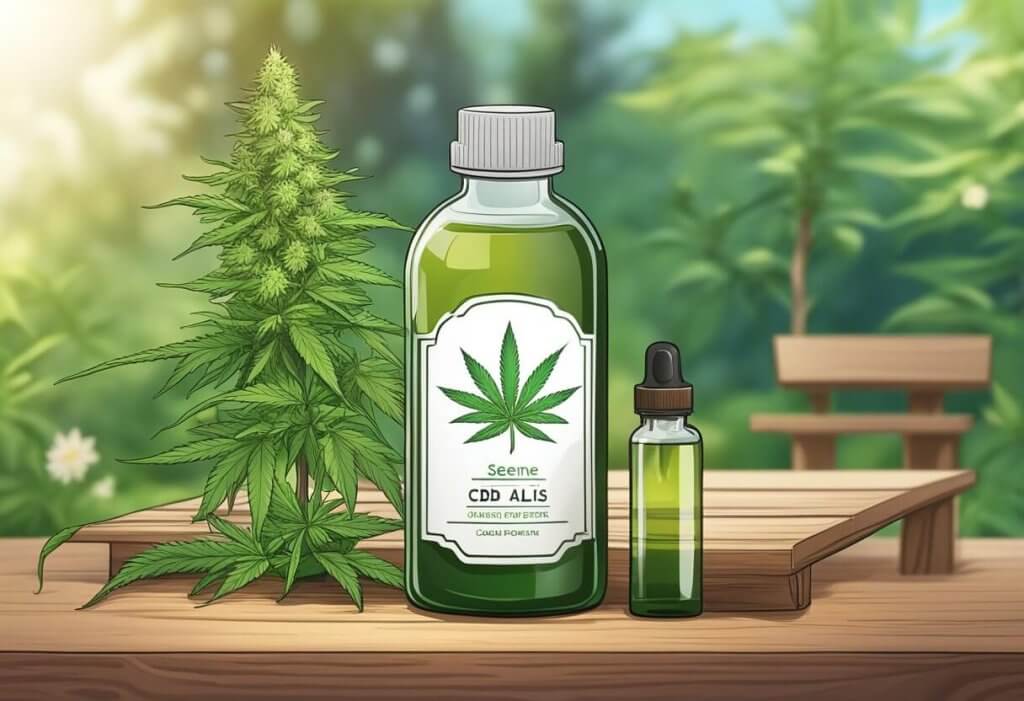 A serene garden with a blooming cannabis plant, surrounded by peaceful nature. A bottle of CBD oil sits on a wooden table, symbolizing hope and relief for ALS patients