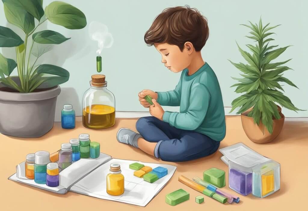 CBD for Autism.  An autistic boy sits on the floor playing with toys surrounded by vials and jars of potential remedies.