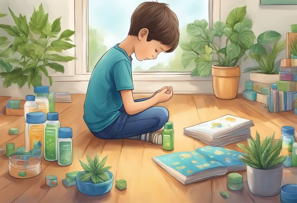 A child with autism calmly engages in activities while surrounded by a peaceful and supportive environment, with CBD products nearby for management