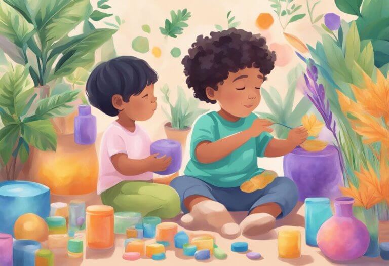 CBD for autism - A child with autism calmly engages in sensory activities while surrounded by colorful CBD-infused products and natural elements