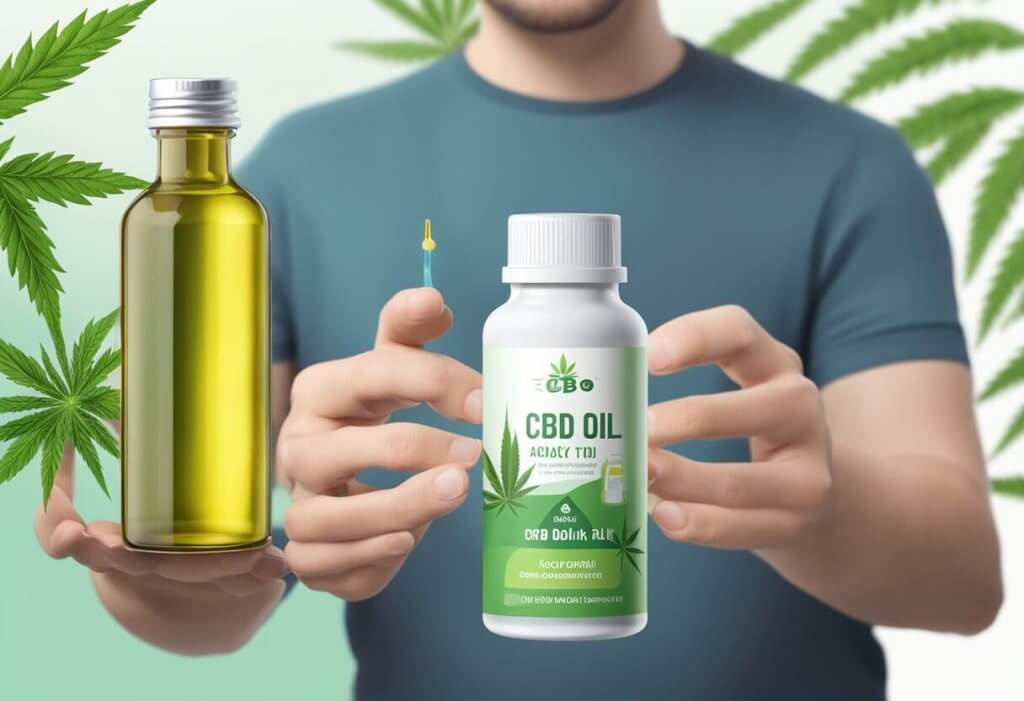 A person holding a bottle of CBD oil, with a back pain diagram in the background