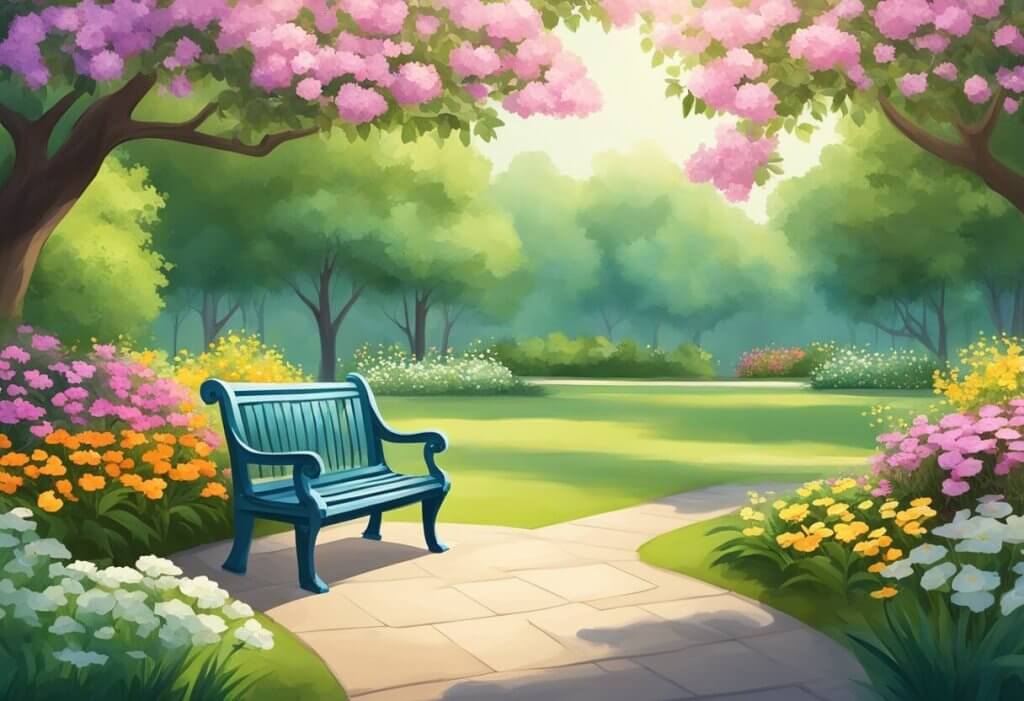 CBD for depression: A serene park with a bench, surrounded by lush greenery and blooming flowers, with a calming and peaceful atmosphere