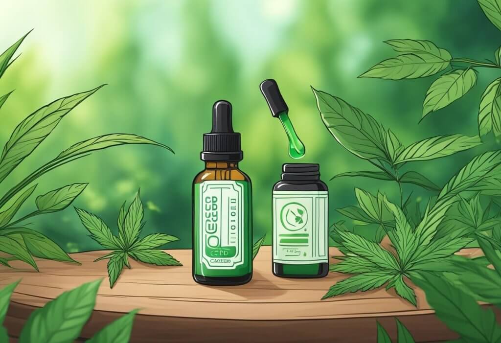 A bottle of CBD oil sits on a table, surrounded by vibrant green leaves and a calming, serene atmosphere. The bottle is open, with a dropper resting inside, ready to be used