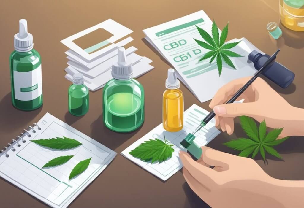 A person measuring CBD oil with a dropper, while a bottle and a prescription pad are laid out on a table