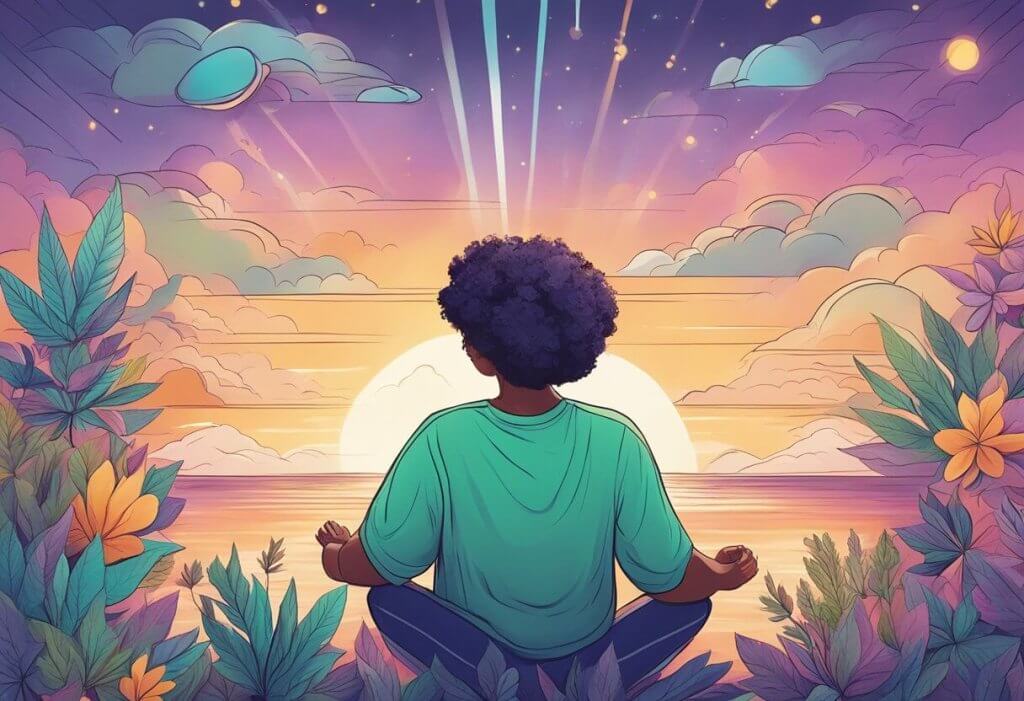 A person with epilepsy finding relief with CBD oil, surrounded by calming colors and a sense of peace