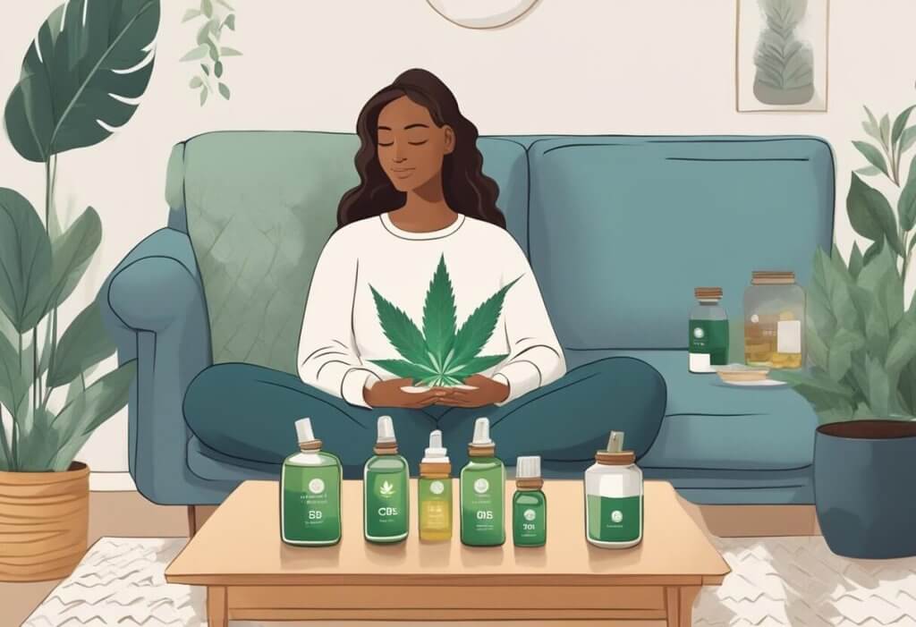 A woman sitting on a cozy couch, holding a hot water bottle to her lower abdomen, surrounded by bottles of CBD oil and herbal tea