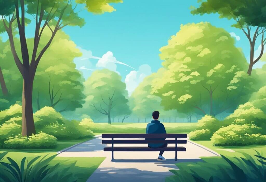 A serene park with a person sitting on a bench, surrounded by calming greenery and a clear blue sky, representing the use of CBD for paranoia management