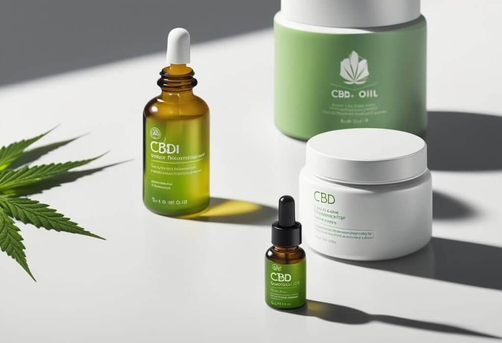 A bottle of CBD oil sits next to a jar of moisturizer on a clean, white countertop. A subtle glow emanates from the products, suggesting their potential benefits for skin health