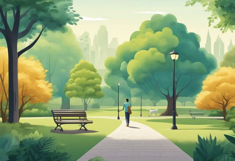 CBD for Huntington's Disease - A serene park with a bench and a person walking a dog, surrounded by trees and greenery, representing the calming effects of CBD for Huntington's Disease