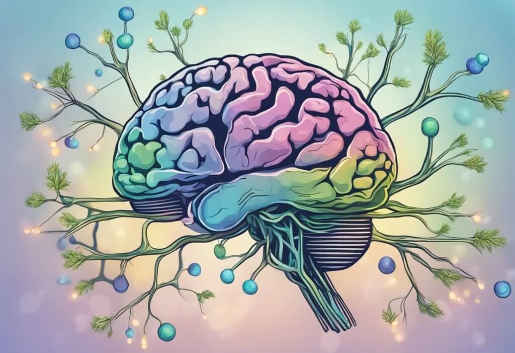 A brain with damaged neurons, and CBD molecules repairing them