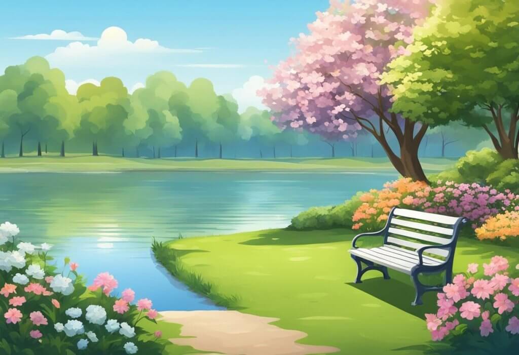 A serene park with a bench surrounded by blooming flowers, a calm lake, and a clear blue sky - a peaceful setting for symptom management