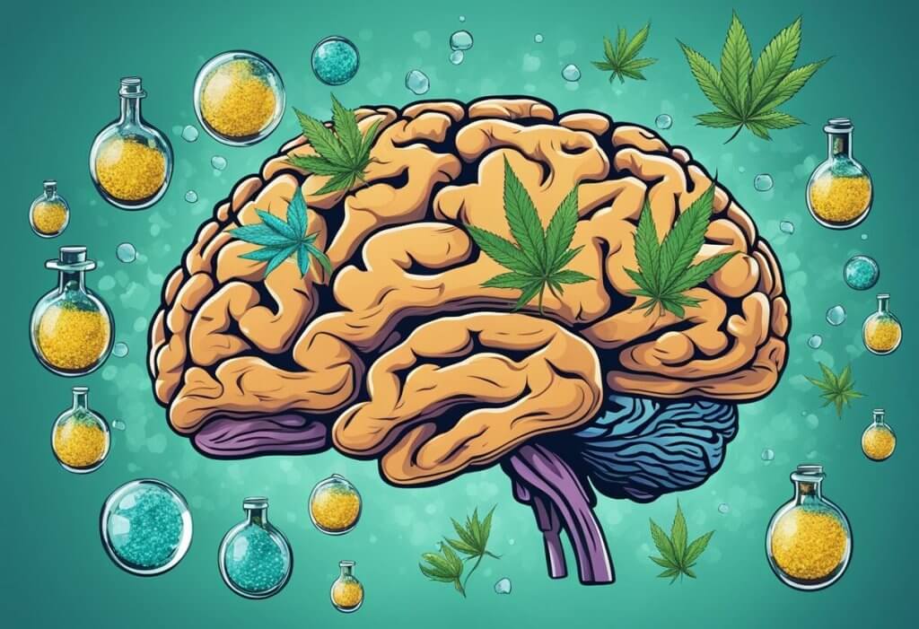 CBD for Memory - A brain surrounded by CBD oil droplets, with memory-related images floating around it