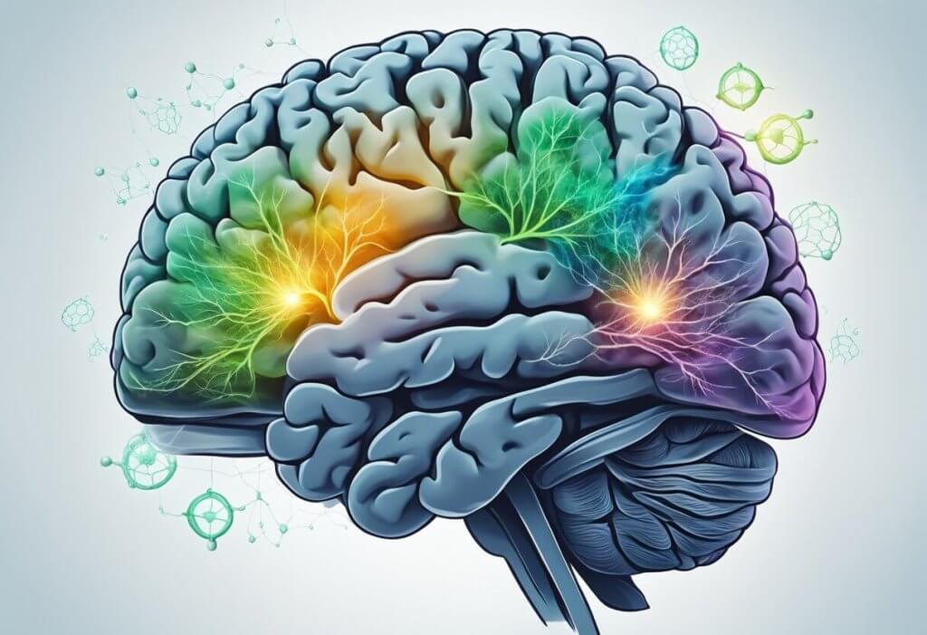 A brain with CBD molecules entering and enhancing memory pathways