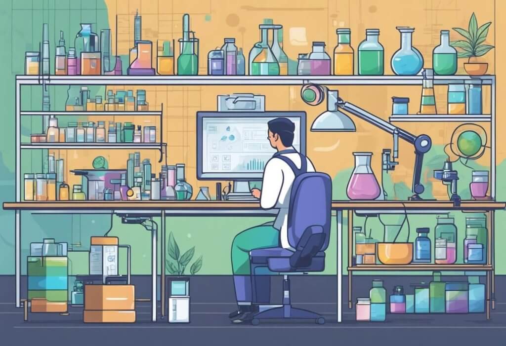 A lab setting with research equipment, CBD products, and brain imagery showing improved memory