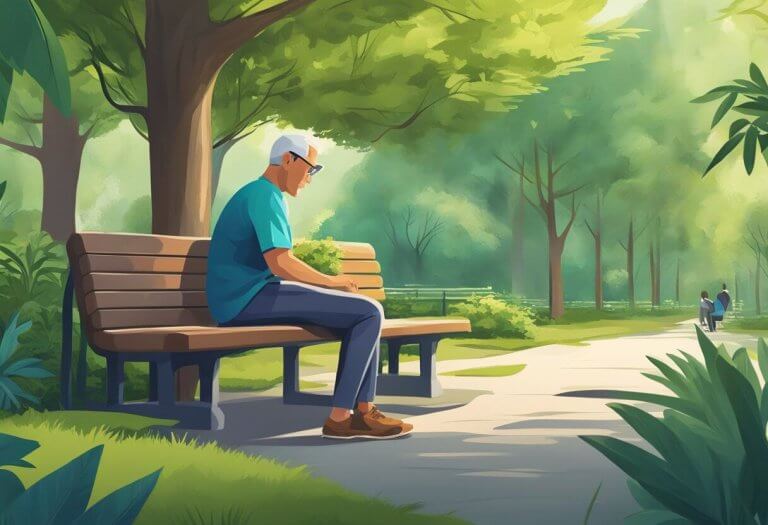 CBD for Parkinson's Disease - A serene park setting with a person sitting on a bench, surrounded by lush greenery, and taking a dropper of CBD oil for Parkinson's Disease