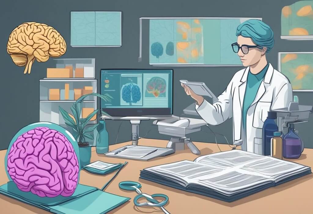 A clinical setting with research papers, MRI scans, and a brain model, representing evidence and research on CBD for psychosis