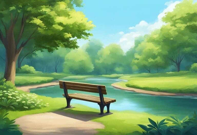 CBD for PTSD - A serene park with a bench surrounded by lush greenery, a calm stream flowing nearby, and a clear blue sky above