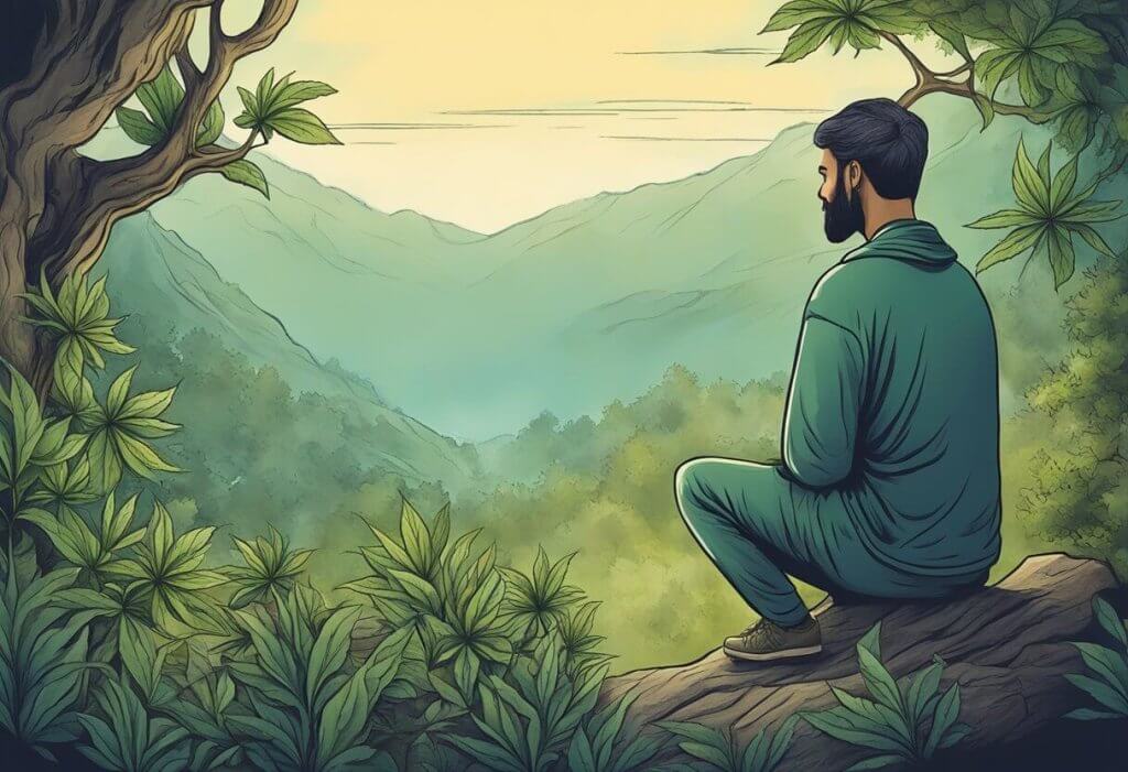 A calm, serene setting with a personified CBD plant offering comfort to a distressed figure, symbolizing the potential benefits of CBD for PTSD