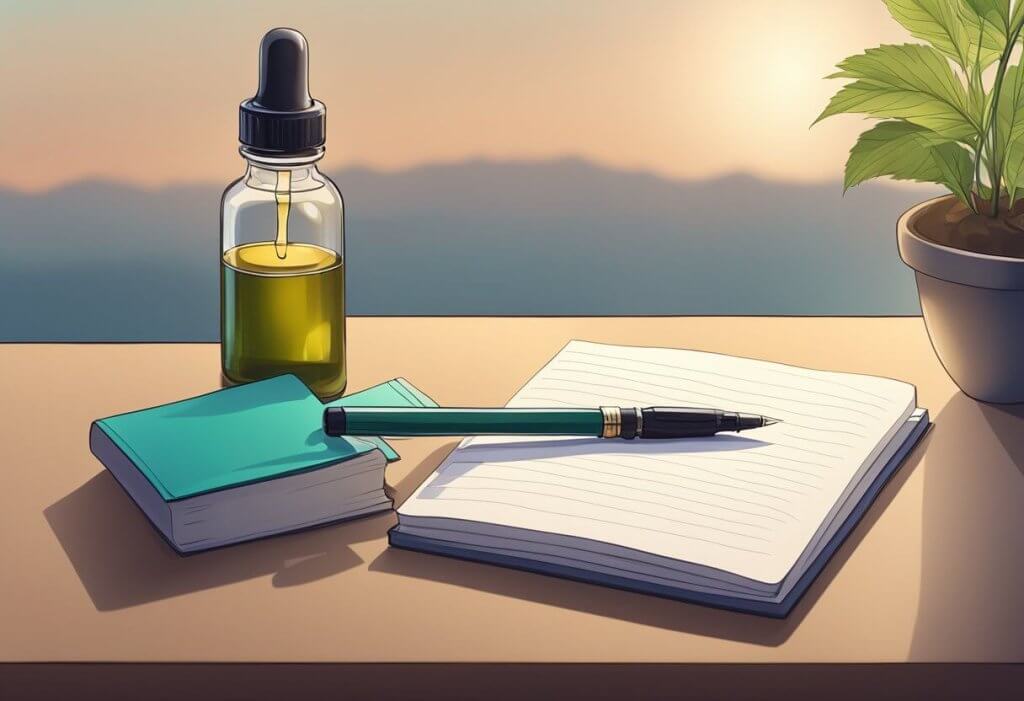 A serene setting with a bottle of CBD oil, a notepad, and a pen on a table, with soft lighting and a calm atmosphere