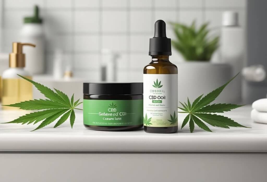 A bottle of CBD oil sits next to a container of scar cream on a bathroom counter. A serene, natural background enhances the sense of skin health and wellness