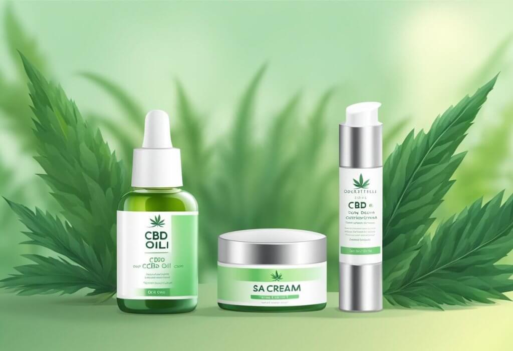 A bottle of CBD oil next to a tube of scar cream, with a background of soothing greenery and a gentle, calming atmosphere