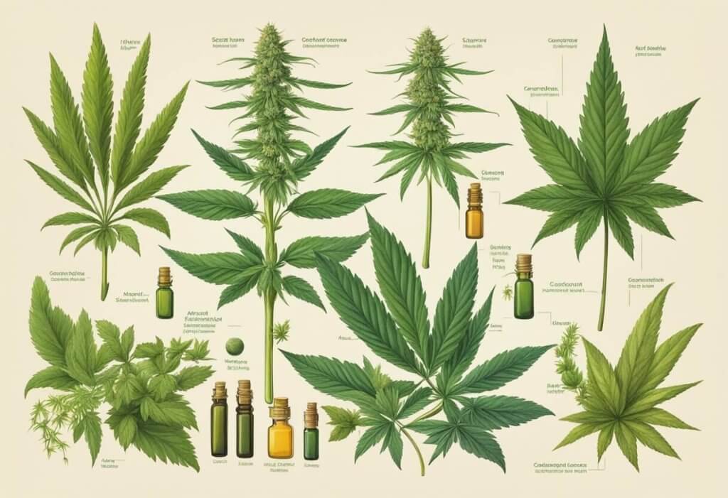 Various cannabis plants and their extracts interact in a synergistic way, creating the entourage effect. A diverse array of plants and their compounds are depicted in a harmonious and balanced composition