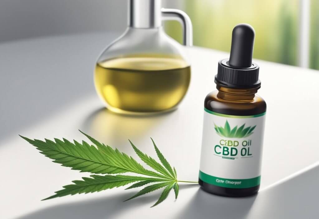 A bottle of CBD oil sits on a clean, white countertop. A dropper is positioned next to the bottle, ready for use. A soft, natural light illuminates the scene