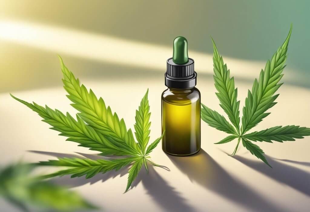 CBD and skin oil reduction with a bottle of CBD oil surrounded by two cannabis leaves.