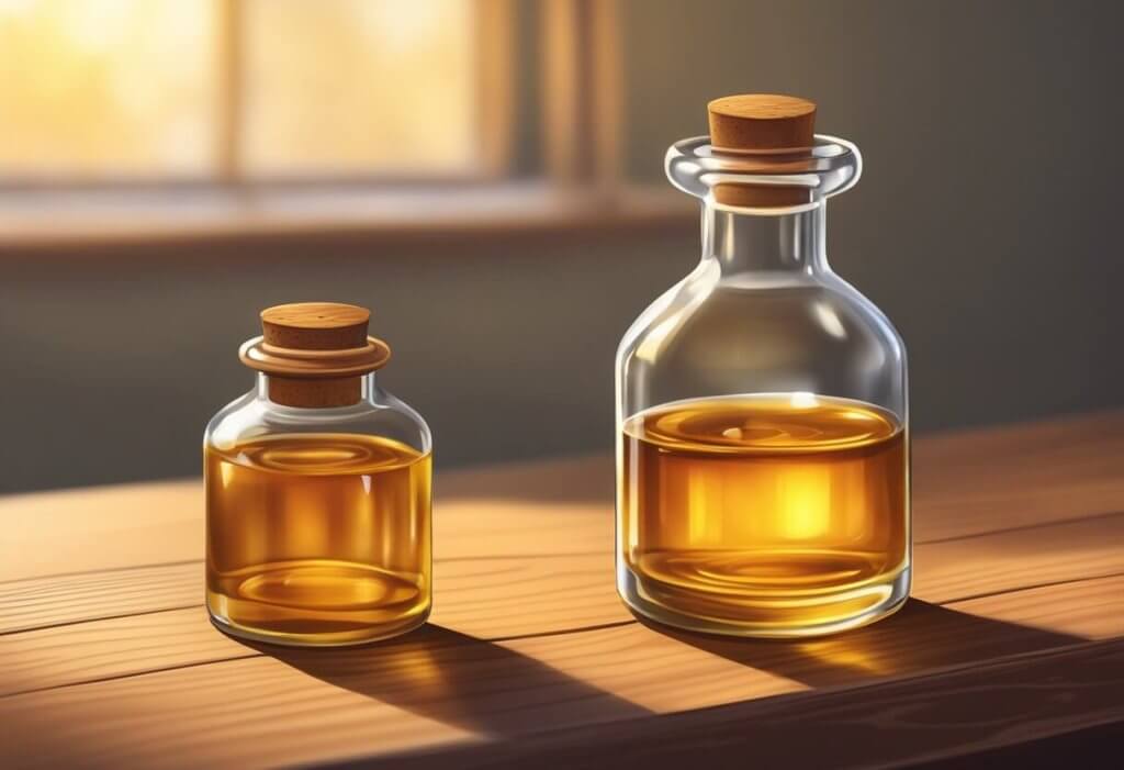 CBD and Skin Oil Reduction - A small bottle of CBD oil sits on a wooden table, catching the light and casting a warm glow