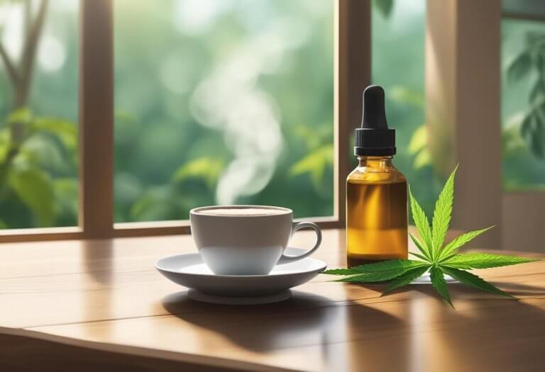 A steaming cup of coffee sits next to a bottle of CBD oil on a wooden table, with a background of natural light and greenery