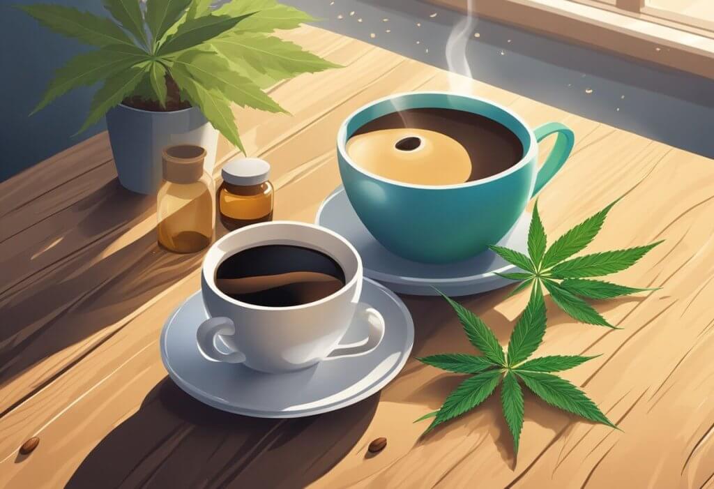 A coffee cup and a bottle of CBD oil sit on a wooden table, surrounded by scattered coffee beans and cannabis leaves. Sunlight streams in through a nearby window, casting a warm glow on the scene