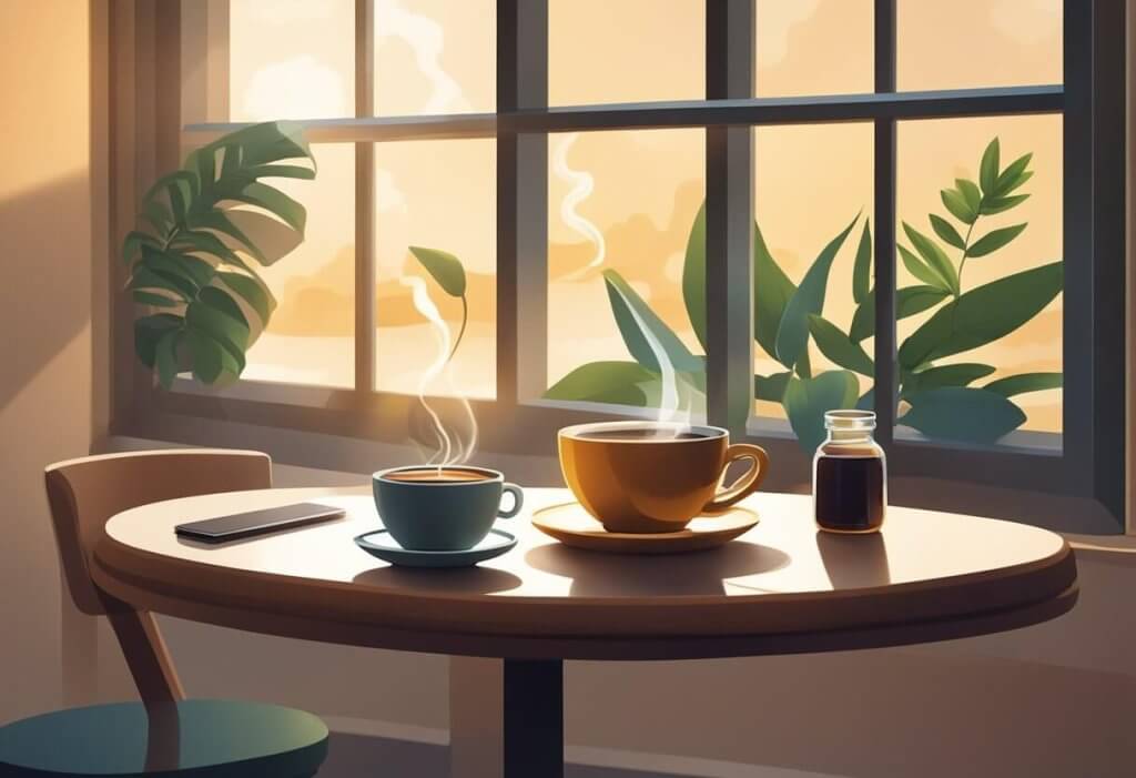 A steaming cup of coffee sits next to a bottle of CBD oil on a clean, modern table. The morning light filters through the window, casting a warm glow on the scene