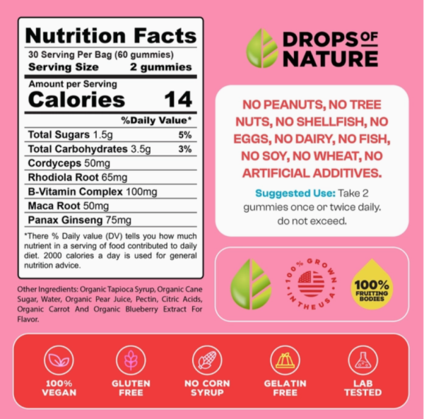 Drops of Nature Mushroom Power Surge gummies ingredients