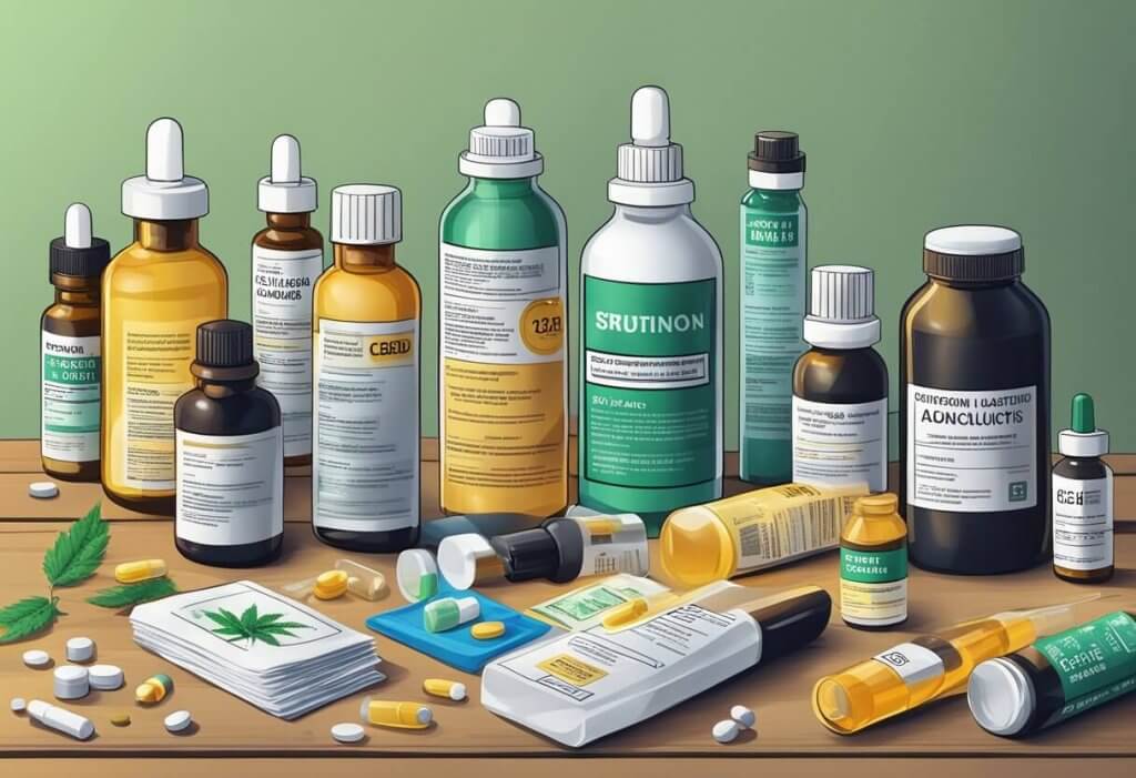 Drug interactions with CBD.  Various medications and CBD bottles on a table, with warning labels and caution signs