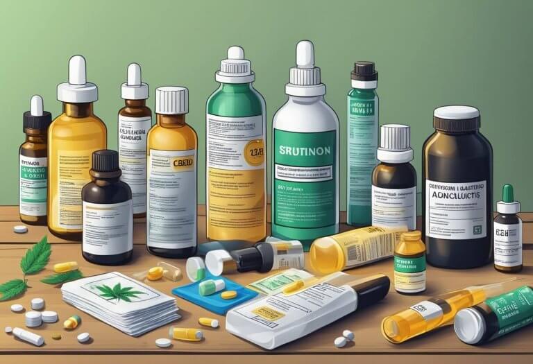 Drug interactions with CBD. Various medications and CBD bottles on a table, with warning labels and caution signs