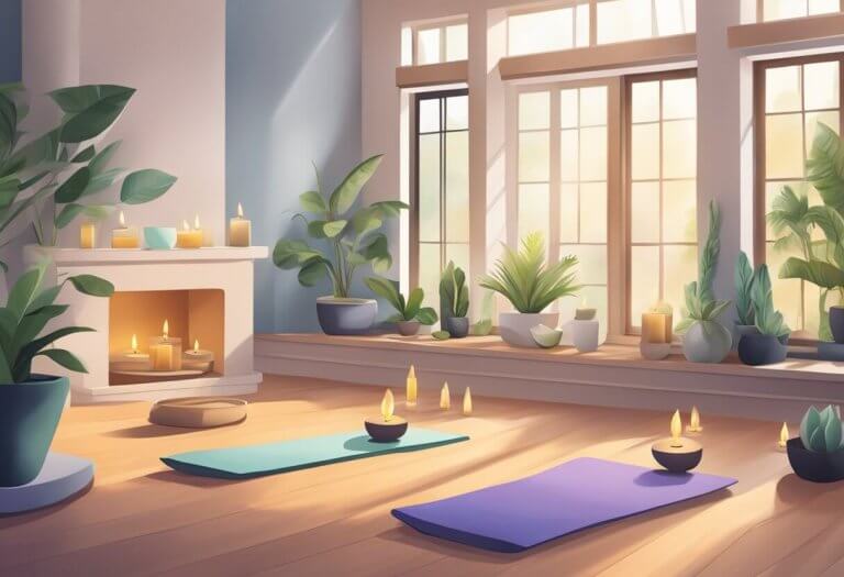 A serene yoga studio with CBD-infused candles and diffusers, creating a peaceful and calming atmosphere for a yoga practice