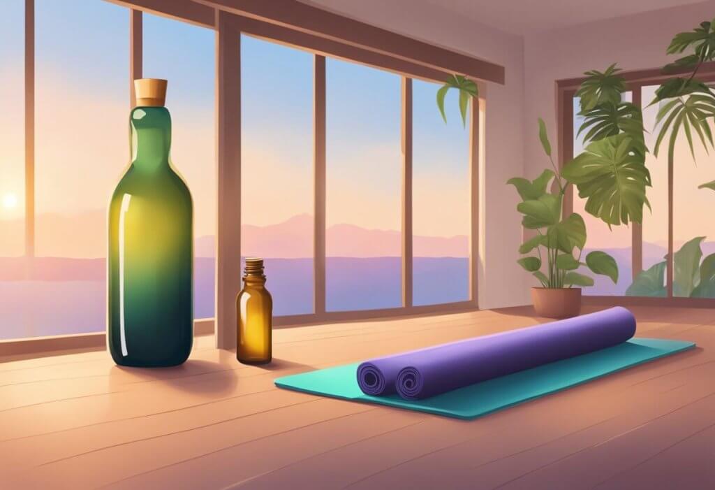 A serene yoga studio with soft lighting and a calming atmosphere. A bottle of CBD oil sits next to a yoga mat, emphasizing the connection between yoga and CBD