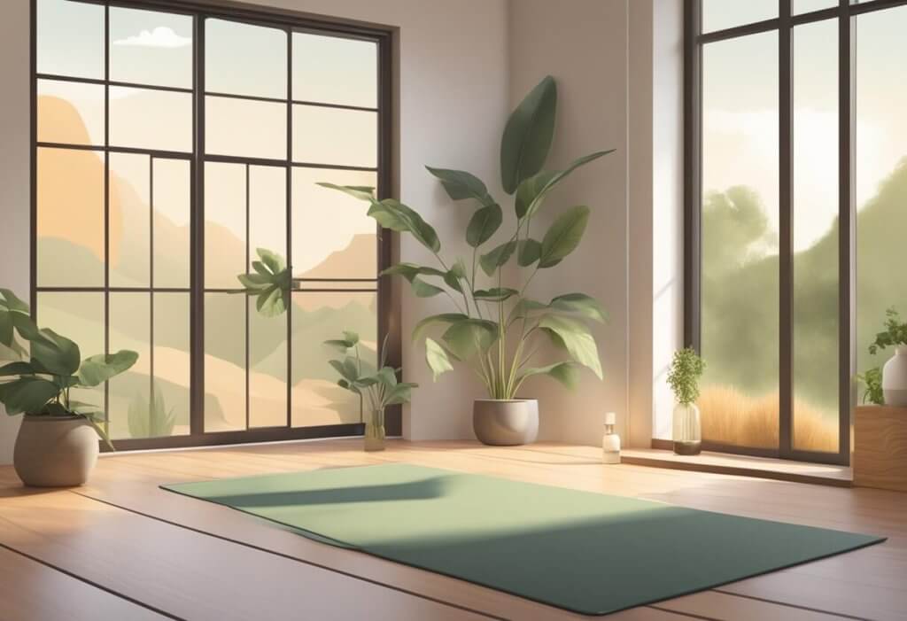 A serene yoga studio with soft lighting, a yoga mat, and a bottle of CBD oil placed next to it