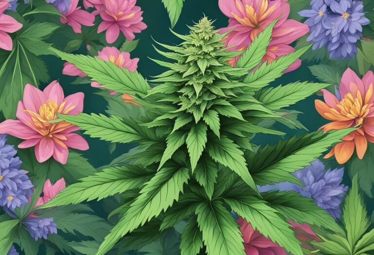 CBD Terpenes - A lush green cannabis plant surrounded by colorful, aromatic flowers and leaves, emitting a fragrant scent