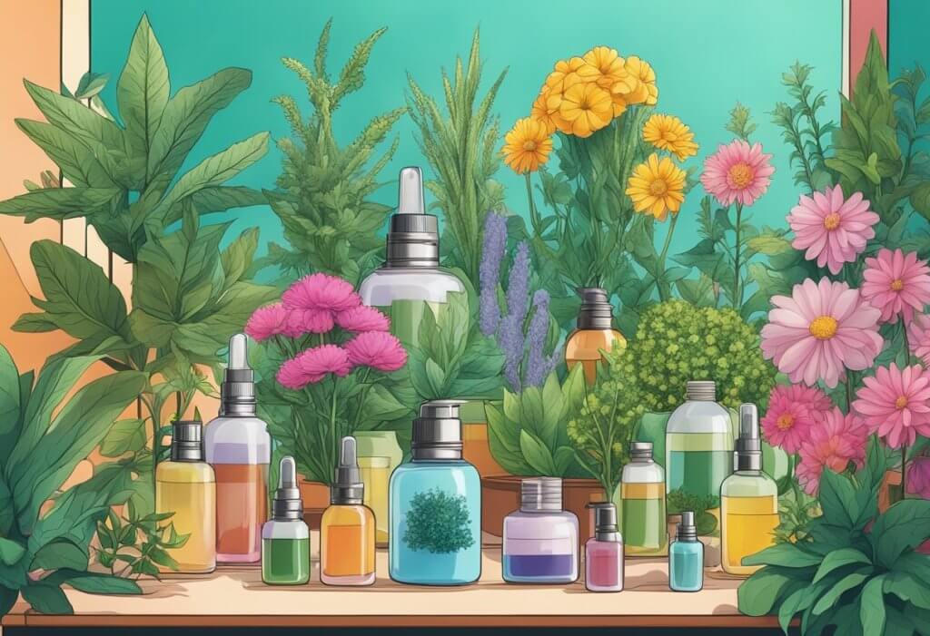 A colorful array of plants and flowers, emitting a variety of fragrances, with CBD terpenes highlighted in the foreground