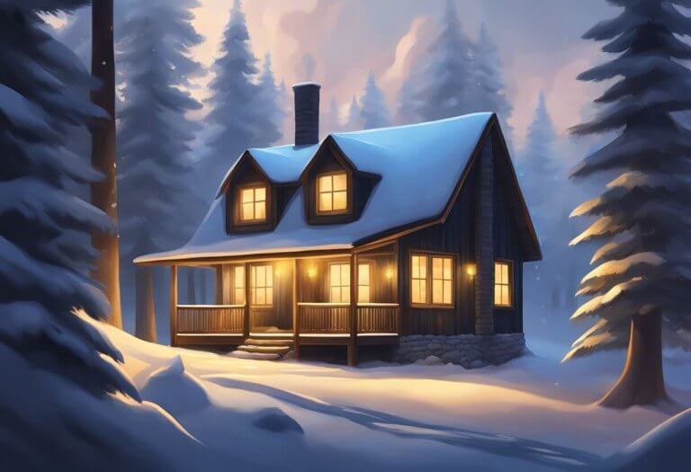 A cozy cabin nestled in a snowy forest, with smoke curling from the chimney and warm light glowing from the windows