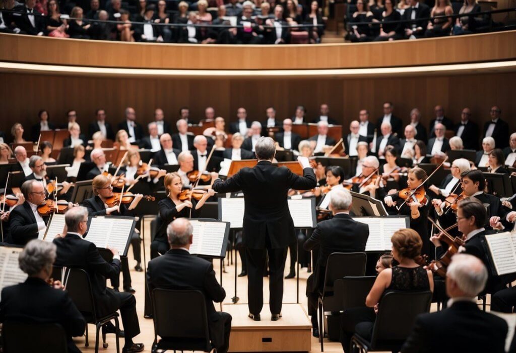 CBD Entourage Effect:  A grand symphony orchestra performs in a packed concert hall, filled with elegantly dressed art patrons