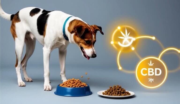 A healthy mixed-breed dog eats from a bowl of dry dog food, while a stylized CBD molecule glows nearby