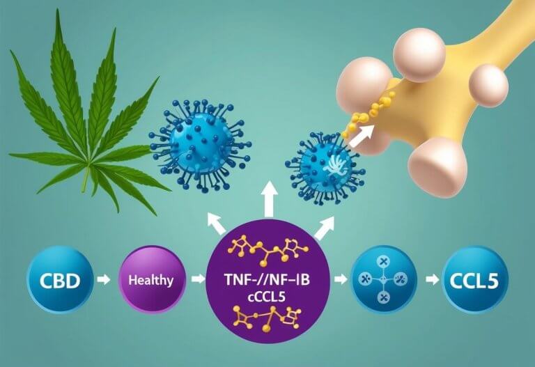 The illustration depicts healthy and cancerous bone cells with CBD molecules interacting, and icons representing the TNF-α/NF-κB/CCL5 signaling pathway being inhibited by CBD