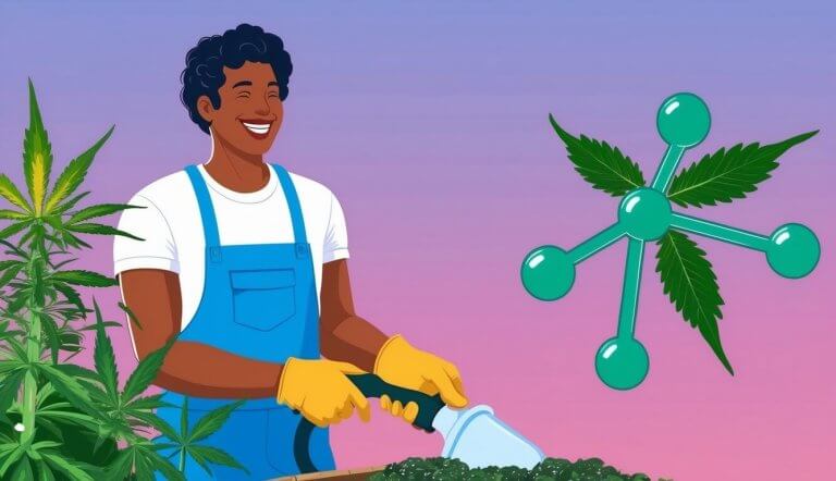 A person smiling while gardening, with a stylized CBD molecule nearby