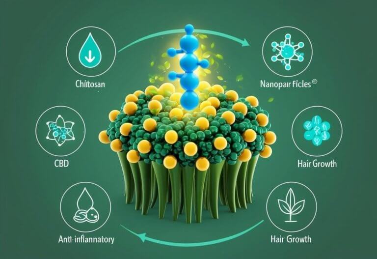 Healthy hair follicles with new growth, surrounded by stylized chitosan nanoparticles delivering CBD. Simplified CBD molecule with a glowing effect. Icons for anti-inflammatory and hair growth